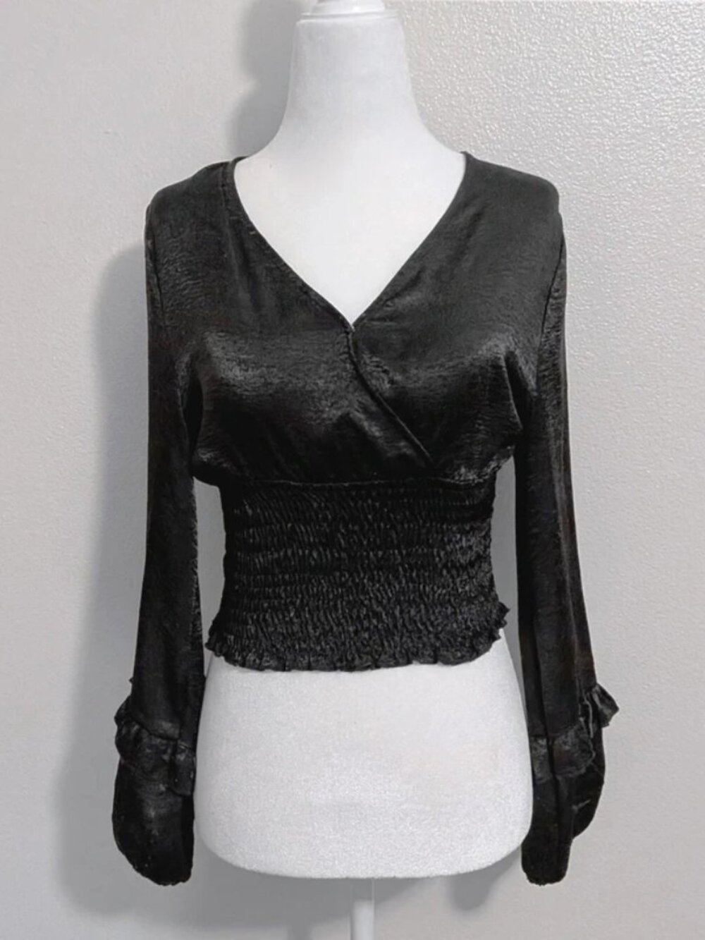 Altar'd State Black Gothic Smocked Ruffle Sleeve V-Neck Top | Size S